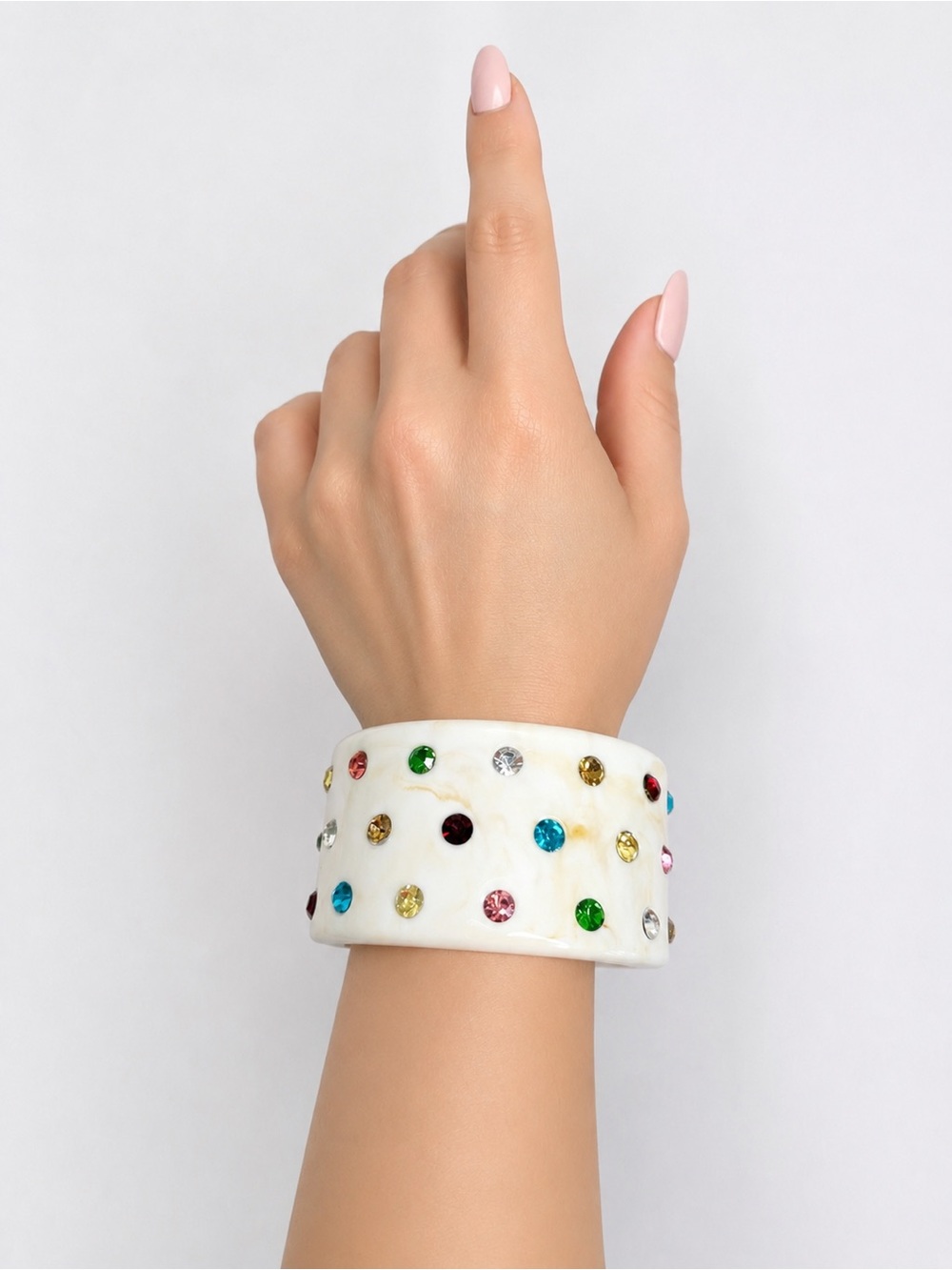 Vintage White Cuff Bracelet Colorful Rhinestones Wide Statement Y2K Glam Jewelry